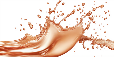 Brown liquid metal splashes on transparent background. Copper liquid splatters, droplets, and bubbles create motion, energy, and dynamic movement. Flat, two-dimensional style digital illustration.