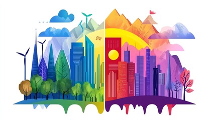 Vibrant illustration of city skylines merging into nature landscapes, depicting harmony and contrast between urban and natural environments.