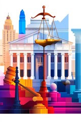 Vibrant illustration of justice scales and gavel with a cityscape backdrop, symbolizing law, order, and urban governance.