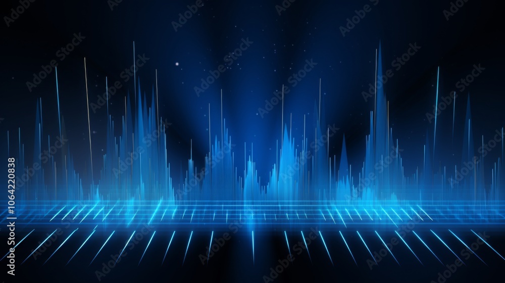 Poster abstract blue sound wave background with glowing vertical lines, featuring a minimal design ideal fo