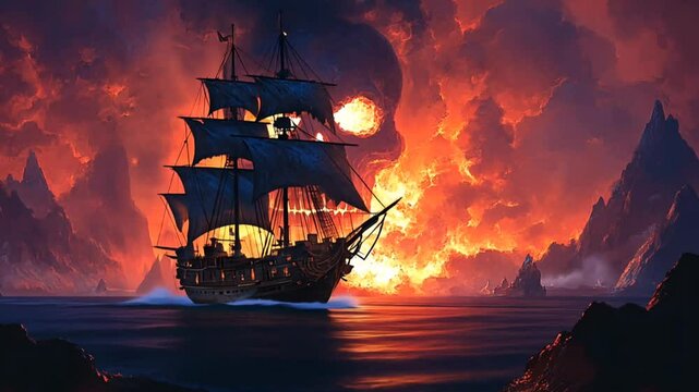 A dramatic scene of a pirate ship sailing through fiery seas under a sky filled with skull-shaped clouds