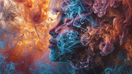 Obraz premium Artistic abstract portrait of a human face surrounded by swirling blue and orange smoke, creating a surreal, dreamlike visual effect..