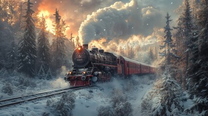 Fototapeta premium A red steam locomotive train traveling through a snowy forest with the sun setting in the background.