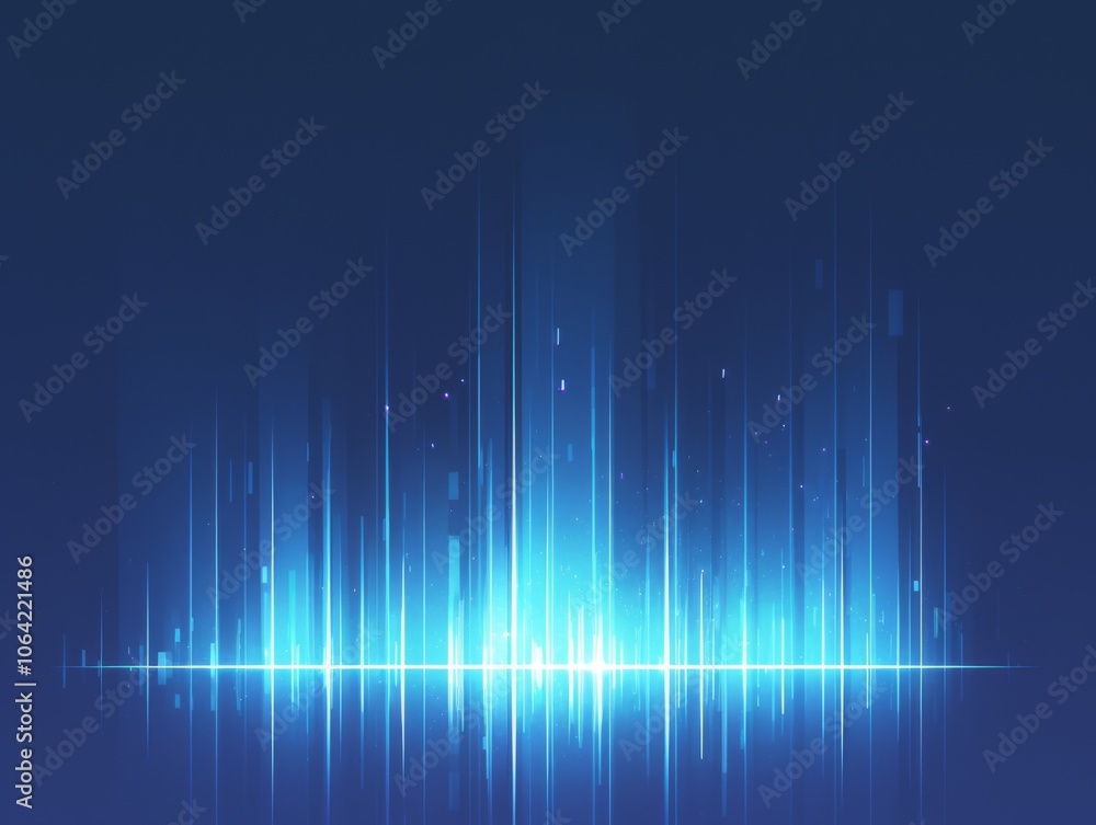 Poster abstract blue sound wave background with glowing vertical lines, featuring a minimal design ideal fo