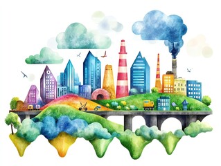 Vibrant watercolor cityscape with skyscrapers, smokestacks, and lush greenery under a cloudy sky, combining urban and natural elements.
