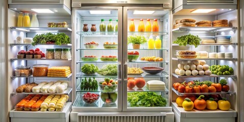 Food products displayed in a commercial refrigerator, food, products, display, commercial, refrigerator, stock photo, fresh