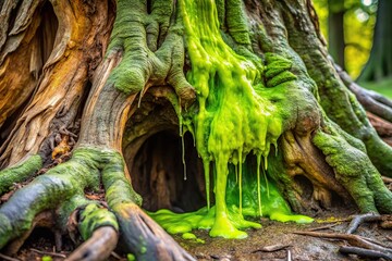 A chunk of chartreuse colored slime oozes out from the decaying root of an ancient tree, tree, slime, algae, root, nature