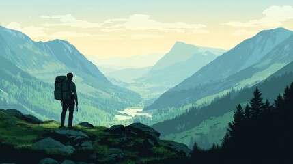 Obraz premium Mountain landscape with a lone backpacker overlooking the valley