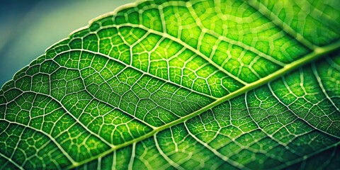 Fototapeta premium A close-up of a single green leaf with intricate veins and a soft focus effect, green leaf, macro shot, foliage details, leaf shape
