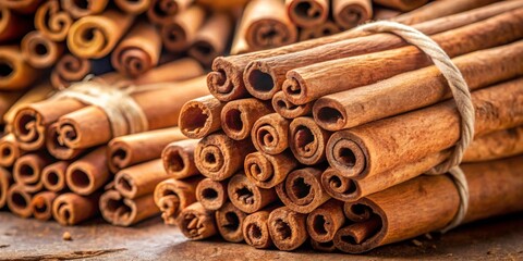 Close up of cinnamon stick with a heap of cinnamon sticks , aromatic, spicy, fragrant, brown, texture, natural, ingredient, spice