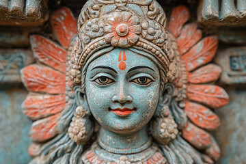 a clay idol of Goddess Durga with vibrant colors.