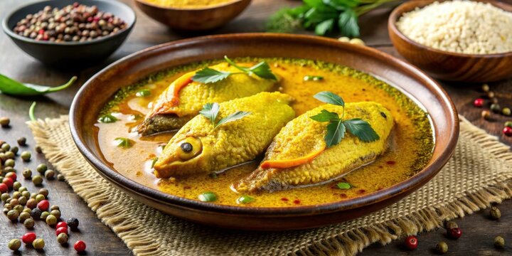 Traditional Bengali Sorshe ilish fish curry with mustard seeds on a plate , Bengali, cuisine, hilsa fish, curry