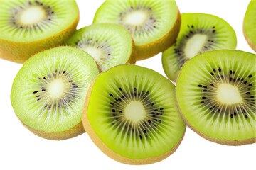 Fototapeta premium Close-up of six kiwi fruit slices in a circular arrangement. Vibrant green color with darker edges. Light gray background provides contrast to bright green. Central kiwi slices in circular pattern.
