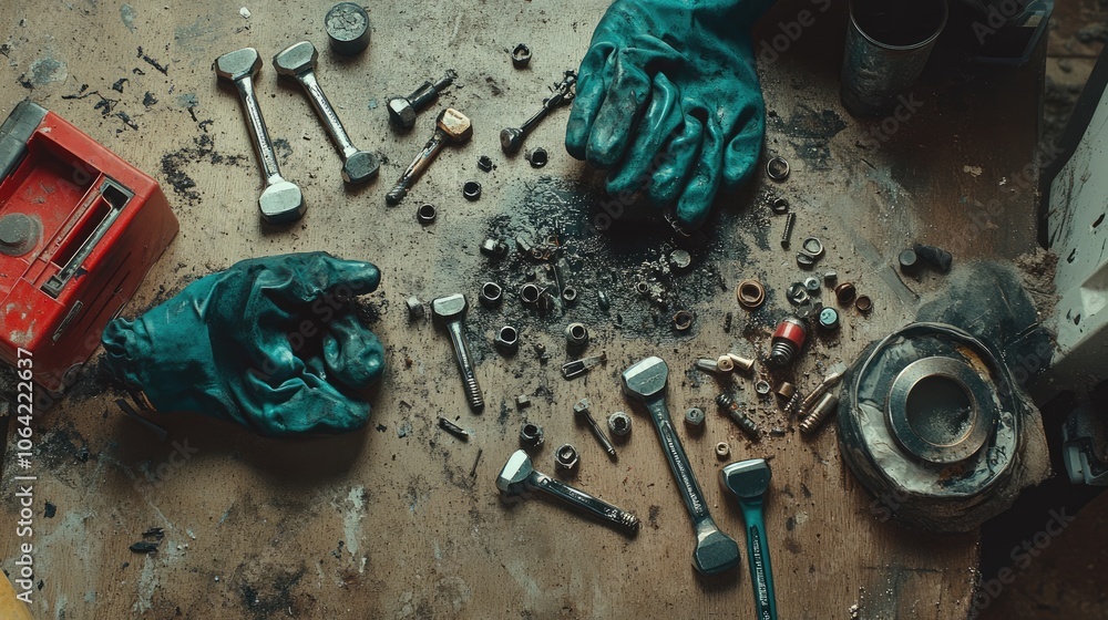 Poster tools and fasteners on a workshop table