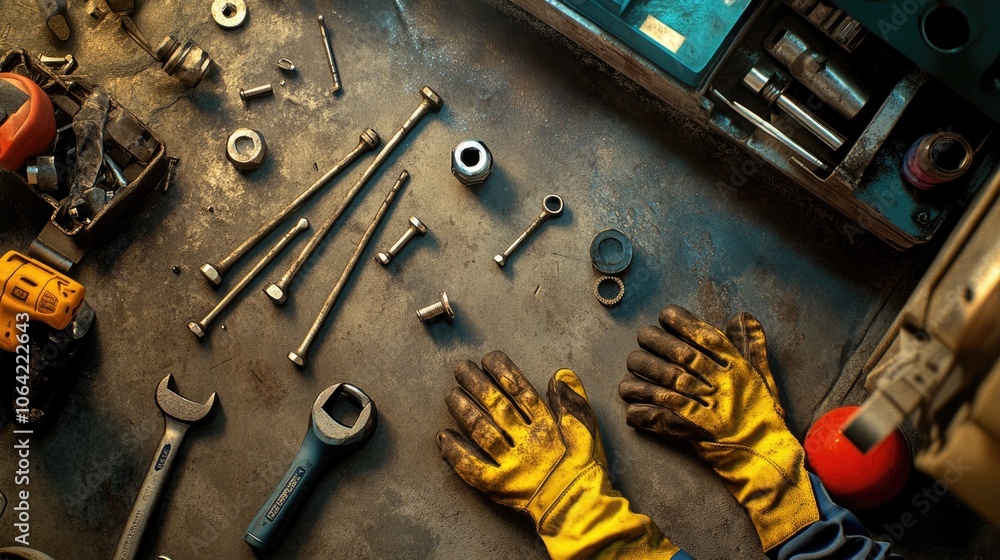 Poster hands with tools on a workbench overview