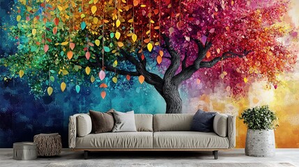  A living room featuring a sofa and a vibrant painting of a tree with colorful autumn leaves on its branches
