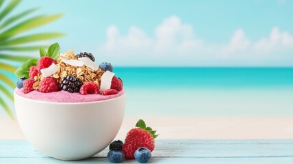A vibrant smoothie bowl topped with fresh berries and granola, set against a serene beach background with palms and blue skies.