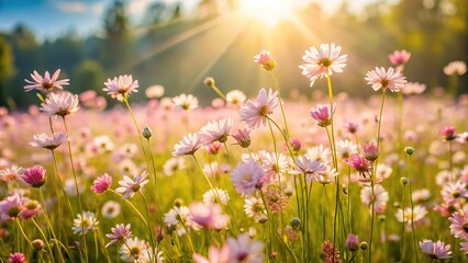 Fototapeta premium A field of pale pink wildflowers swaying gently in the breeze on a sunny meadow, gentle petals, flower fields, serene landscape, meadow flowers