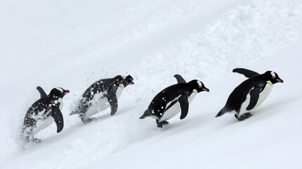 Four penguins running in a line across a snowy landscape.