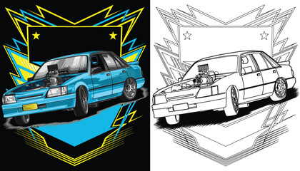 Outline blue and painted racing car. Isolated in black background, for t-shirt design. print, and for business purposes. © wendy