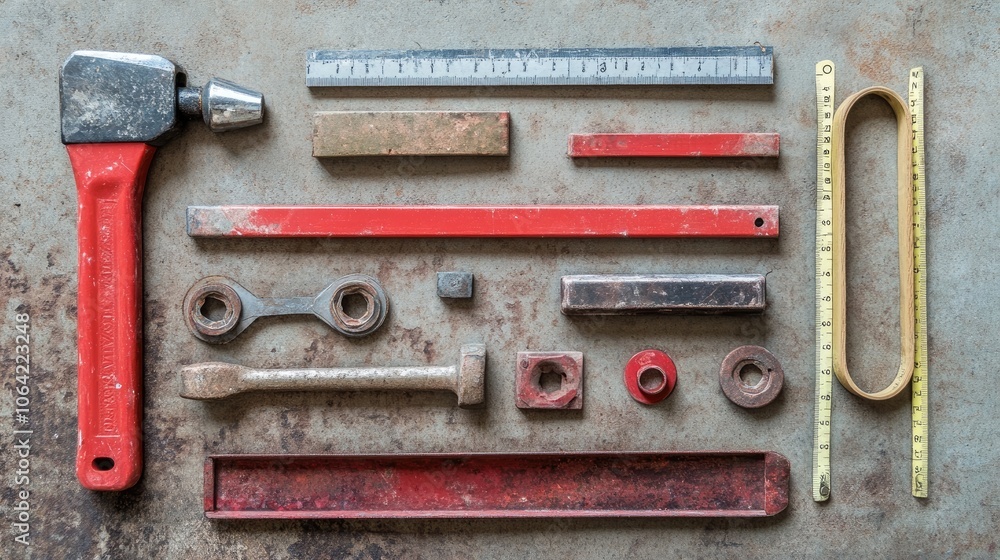Aufkleber red hand tools arranged on a rustic background