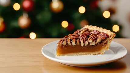 A slice of pecan pie on a white plate, set against a softly lit background adorned with festive holiday decorations.