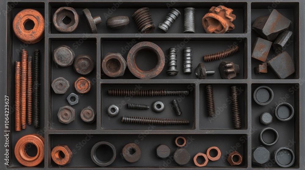 Poster assorted fasteners and hardware on dark background