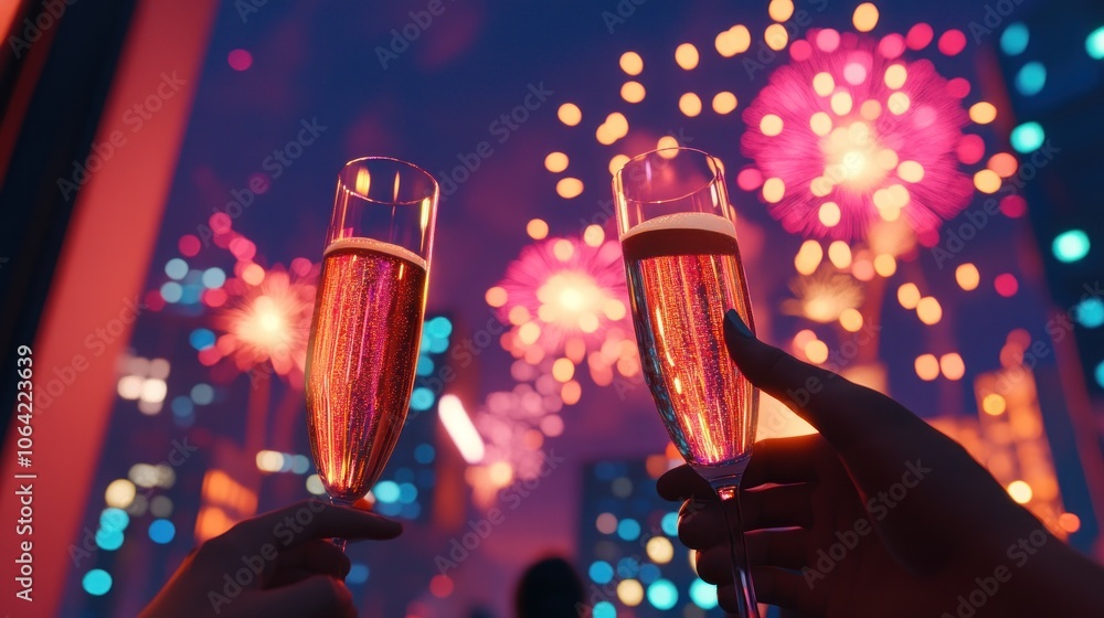 Poster two champagne flutes are raised in a toast against a backdrop of colorful fireworks exploding over a