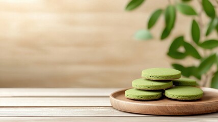 A serene arrangement of green macaron cookies on a wooden plate with a soft, natural background, evoking a calming and delicious vibe.