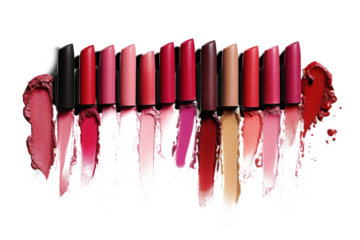 Collection of 12 assorted lipsticks with unique colors and finishes in shades of red, pink, and nude. Lipsticks arranged in 3x4 grid on alpha background. Vibrant colors stand out against stark white.