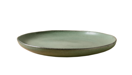 Angle view of sage green empty stoneware plate isolated cutout on transparent, suitable for product placement