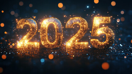 "2025", glowing golden text, numbers written in a fireworks style on a dark background