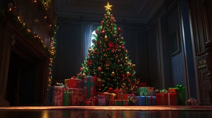 A beautifully decorated Christmas tree stands tall in a grand living room, adorned with twinkling lights, ornaments, and a star on top. Gifts are stacked beneath, creating a festive atmosphere.