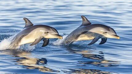 Fototapeta premium Dolphins Jumping Above Calm Water Surface