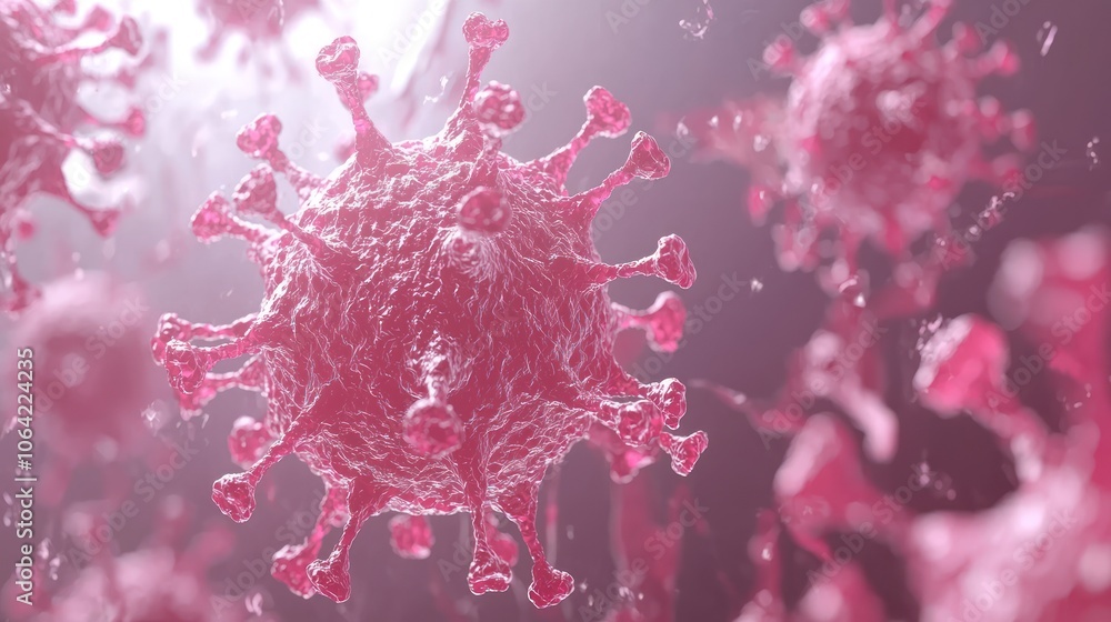 Poster in-depth virology research: scientist analyzing virus under microscope for insights into infectious 