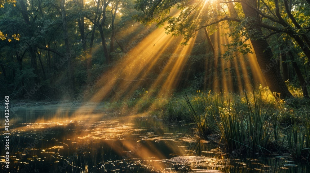 Poster golden sun rays penetrate through dense forest trees, illuminating the tranquil pond below and creat