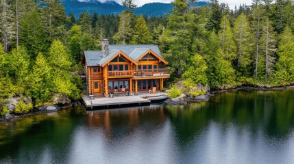 Fototapeta premium Log Cabin by Serene Lake Surrounded by Lush Forest