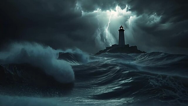 A solitary lighthouse stands tall against a raging storm, its beam piercing the darkness and guiding ships to safety.