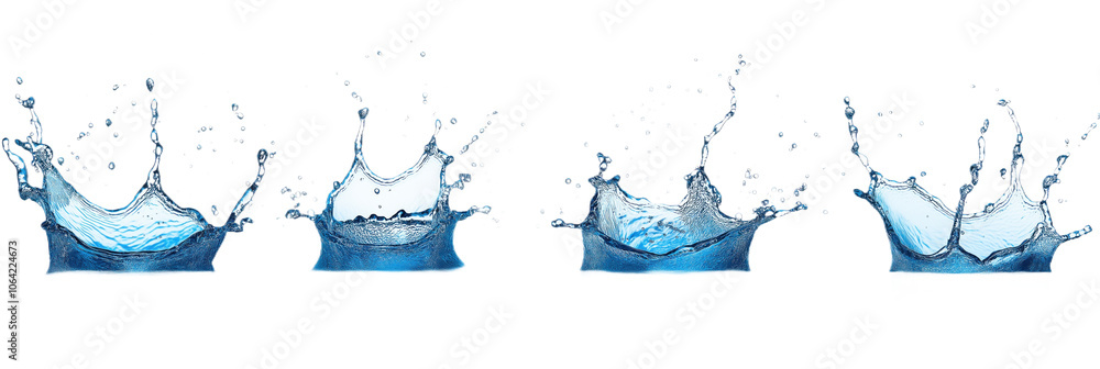 Poster blue water droplets scattered on gray background, unique shapes and sizes. movement and dynamism, di