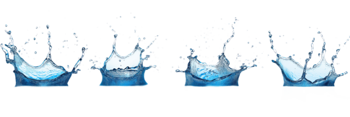 Blue water droplets scattered on gray background, unique shapes and sizes. Movement and dynamism, diagonal line, elevated angle, clear view, surroundings. Transparent isolated alpha mask.