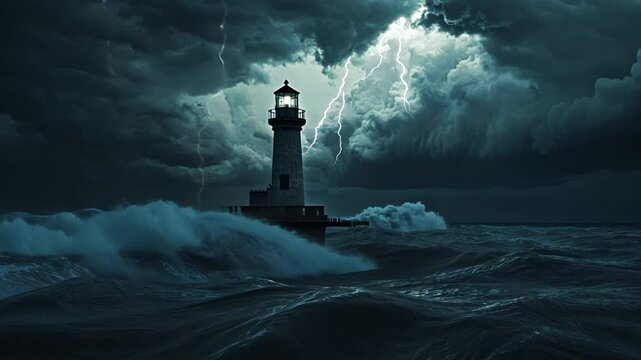 A solitary lighthouse stands tall against a stormy sea, its beacon a symbol of hope and guidance during the tempest.