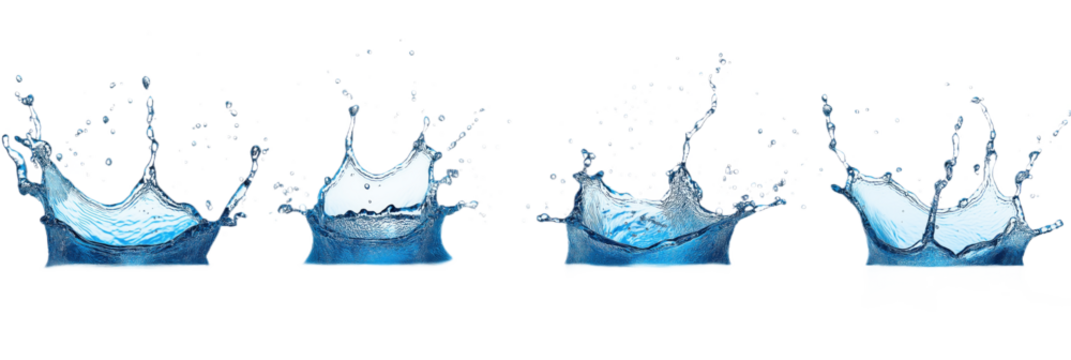 Blue water droplets scattered on gray background, unique shapes and sizes. Movement and dynamism, diagonal line, elevated angle, clear view, surroundings. Transparent isolated alpha mask.