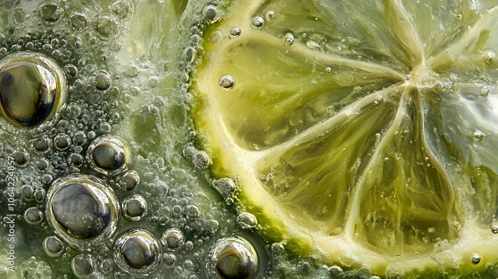 Poster close-up of lime slice submerged in sparkling water with air bubbles.
