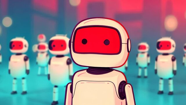 Adorable Robot Illustration with Retro Style in Vibrant Neon Colors, Group of Cute Robots, Futuristic Technology Concept, Whimsical Digital Art for Holiday Greeting Cards, Background with Gradients