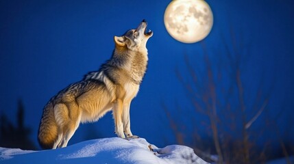 A lone wolf howls at the full moon in a snowy winter landscape.