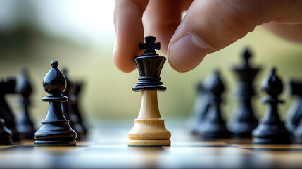 Close-up of a hand moving a chess piece on a board, a concept for business strategy or a leader's enemy financial check game plan