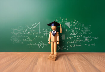 A wooden figure wearing a graduation cap stands in front of a chalkboard covered in mathematical equations.