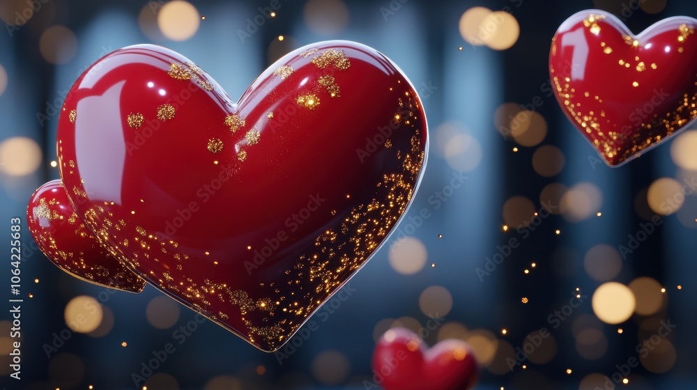 Poster glimmering red hearts with sparkles and bokeh background