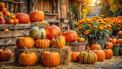 Ripe orange pumpkins displayed on a farm with vintage decor for autumn and Halloween , Autumn, pumpkins, exhibition, farm