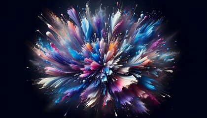 An abstract, vibrant burst of color, texture and movement that evokes energy, creativity and a sense of dynamic movement in a dark space.